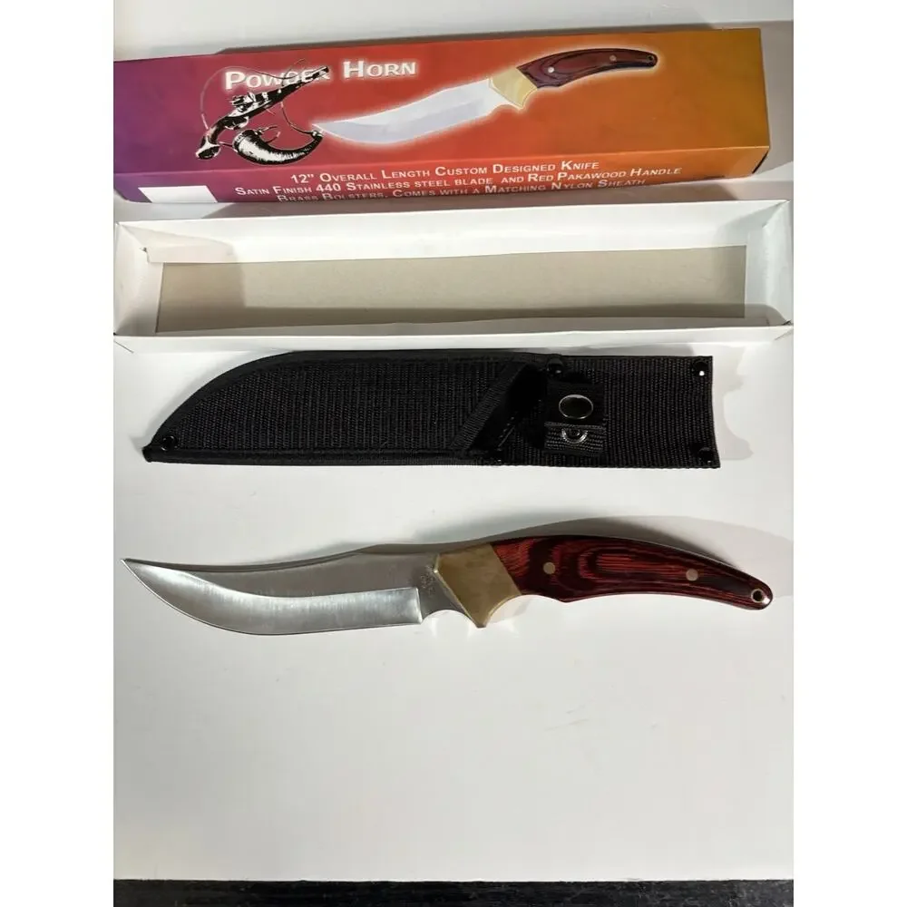 12” Custom Designed Knife Satin Finish Pakawood Handle. Nylon Sheath. New In Box